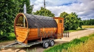 Mobile outdoor barrel sauna with half panoramic window on the trailer (3)