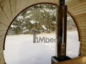 Outdoor barrel sauna with full panoramic window in winter (3)