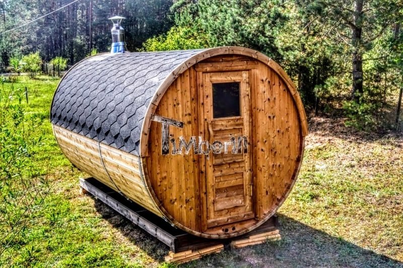 Barrel sauna with wood fired Harvia heater